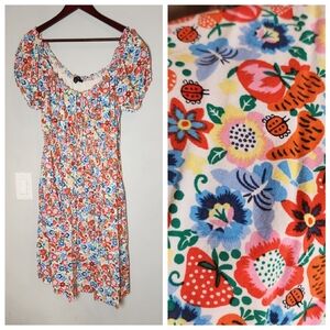 J. Crew Dress Farmer's Market Print Fruit Veggies Floral Smocked Waist Size 12